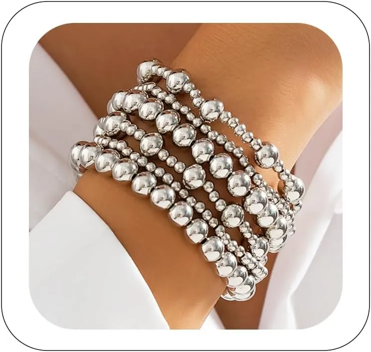 Gold Bracelets for Women Non Tarnish Gold Beaded Bracelet Stretch Bead Ball Bracelet Sets Trendy Stackable Layered Pearl Cross Bracelet Gold Jewelry for Women