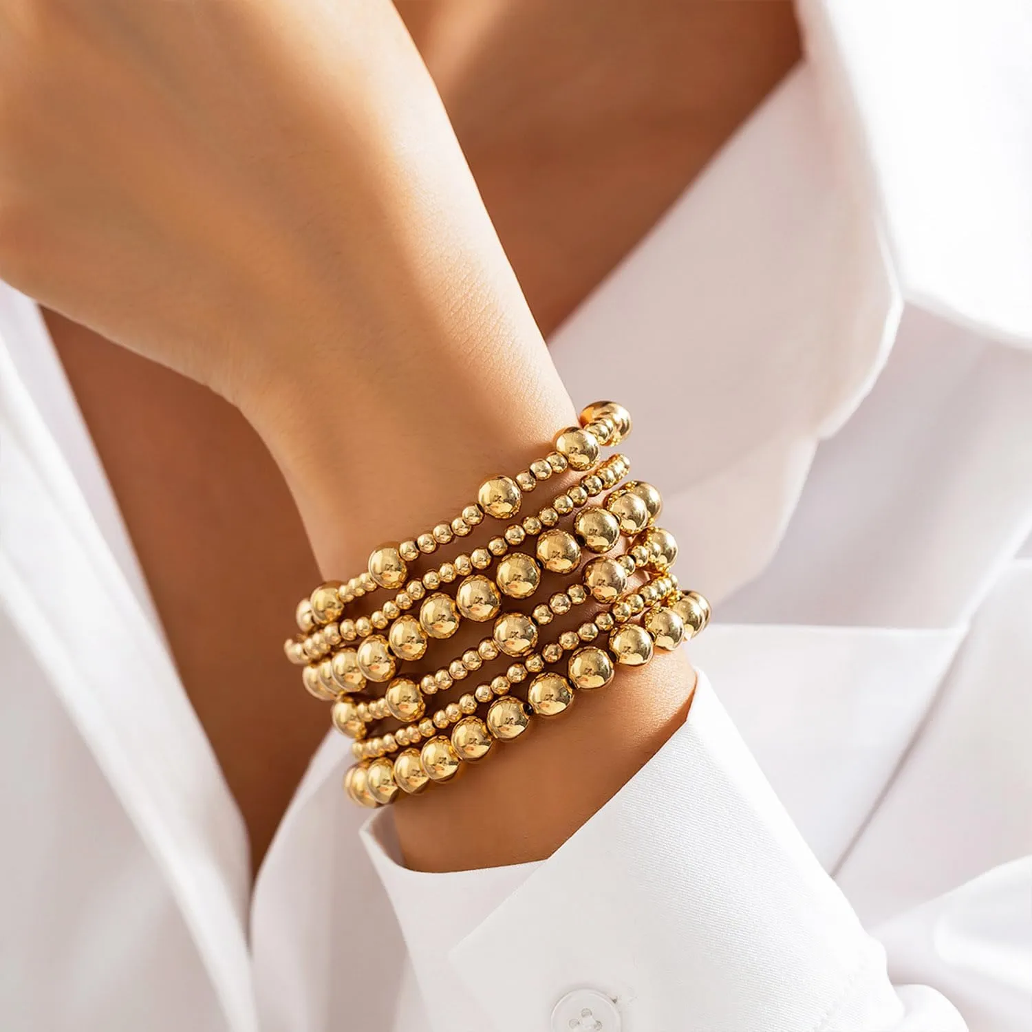 Gold Bracelets for Women Non Tarnish Gold Beaded Bracelet Stretch Bead Ball Bracelet Sets Trendy Stackable Layered Pearl Cross Bracelet Gold Jewelry for Women