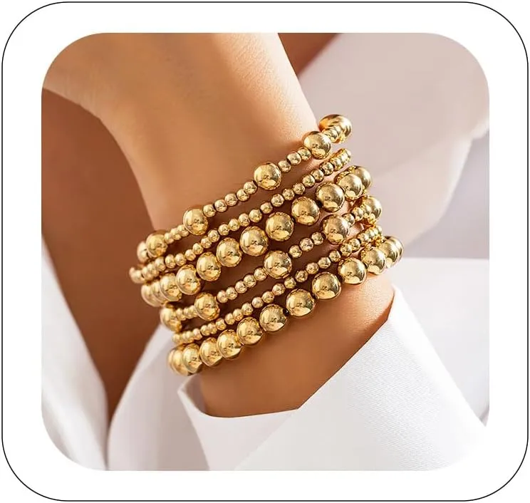 Gold Bracelets for Women Non Tarnish Gold Beaded Bracelet Stretch Bead Ball Bracelet Sets Trendy Stackable Layered Pearl Cross Bracelet Gold Jewelry for Women