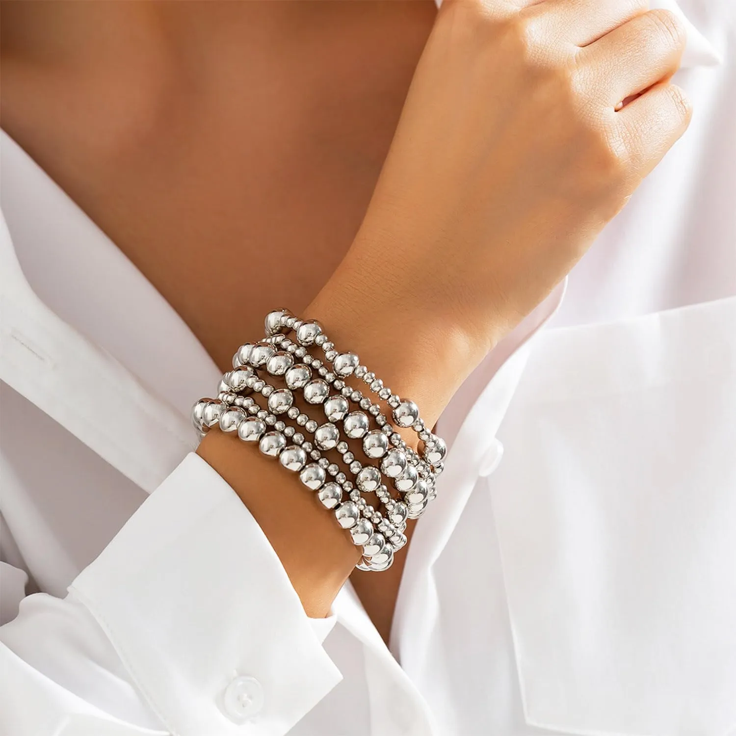 Gold Bracelets for Women Non Tarnish Gold Beaded Bracelet Stretch Bead Ball Bracelet Sets Trendy Stackable Layered Pearl Cross Bracelet Gold Jewelry for Women