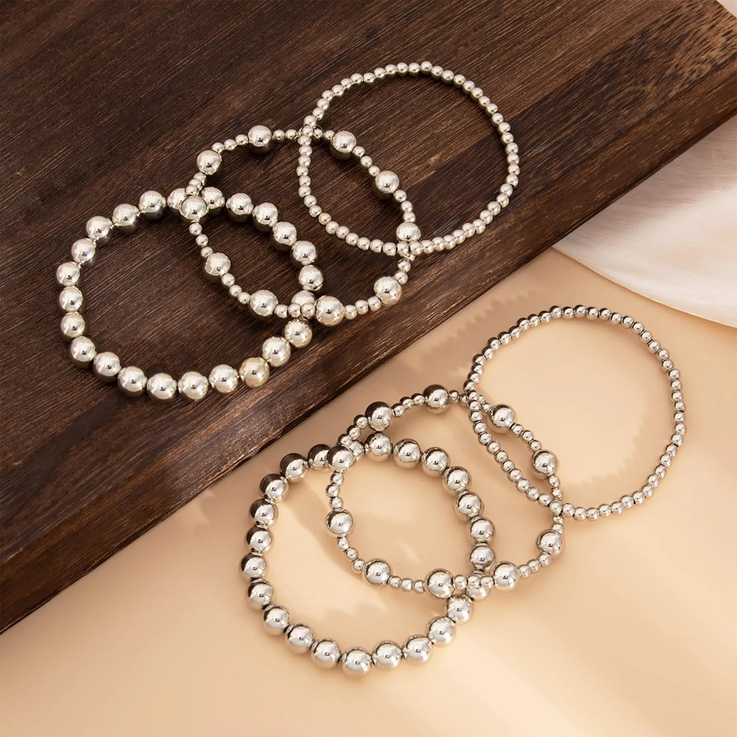 Gold Bracelets for Women Non Tarnish Gold Beaded Bracelet Stretch Bead Ball Bracelet Sets Trendy Stackable Layered Pearl Cross Bracelet Gold Jewelry for Women