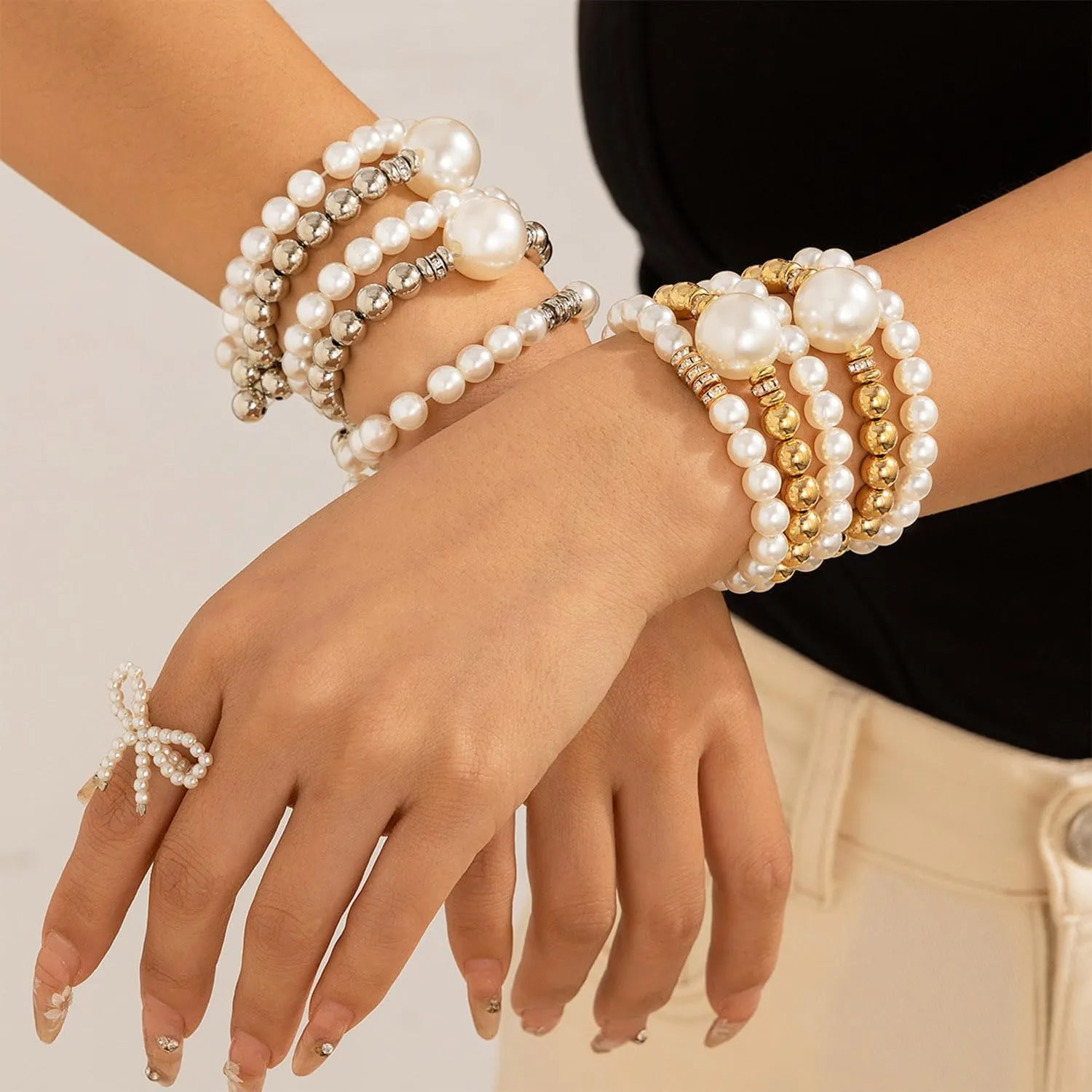 Gold Bracelets for Women Stretch Bead Ball Bracelet Set Stack Strand Beaded Bracelet Non Tarnish Stackable Pearl Ball Bracelets for Women Trendy Gift
