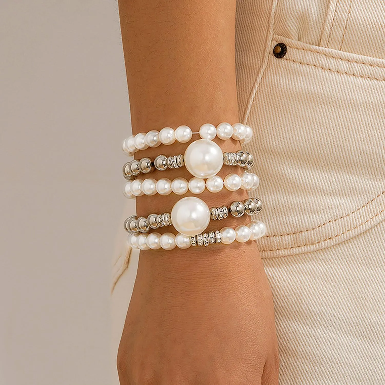 Gold Bracelets for Women Stretch Bead Ball Bracelet Set Stack Strand Beaded Bracelet Non Tarnish Stackable Pearl Ball Bracelets for Women Trendy Gift