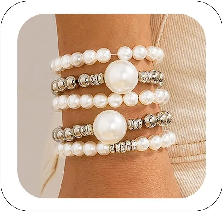 Gold Bracelets for Women Stretch Bead Ball Bracelet Set Stack Strand Beaded Bracelet Non Tarnish Stackable Pearl Ball Bracelets for Women Trendy Gift