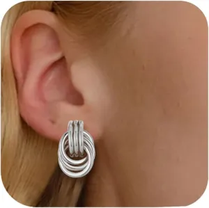 Gold Clip On Earrings for Women Knot Link Trendy Chunky Non Pierced Earring 14K Gold Plated Hoops Drop Dangle Earrings Lightweight Jewelry