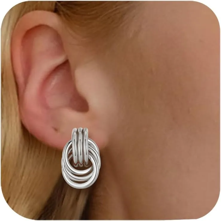Gold Clip On Earrings for Women Knot Link Trendy Chunky Non Pierced Earring 14K Gold Plated Hoops Drop Dangle Earrings Lightweight Jewelry