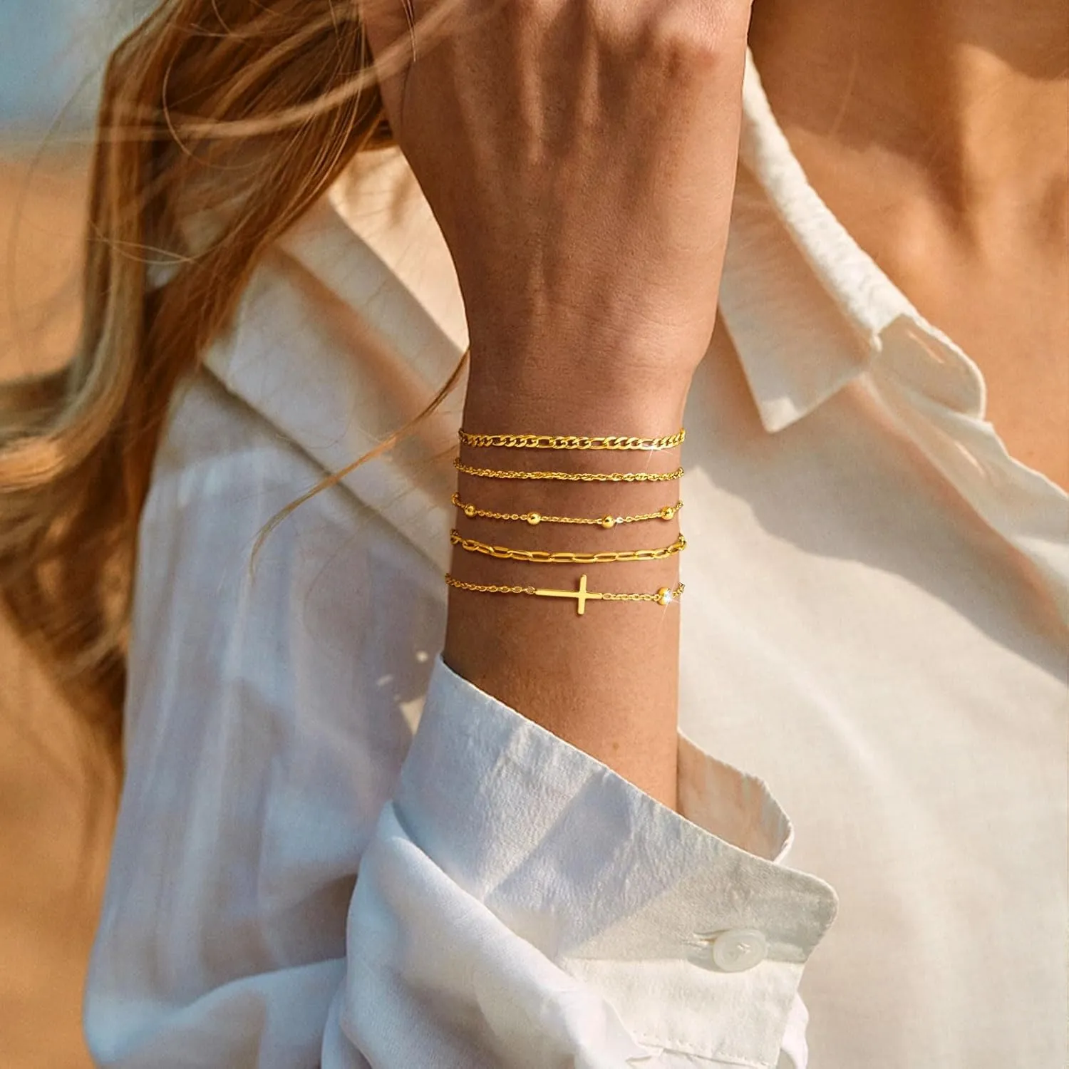 Gold Cross Bracelets for Women , 14k Gold Plated Bracelet Set Snake Cuban Link Chain,Non Tarnish Stackable Christian Bracelet Pack Trendy Religious Jewelry,Easter Christian Gift for Her Mom Girlfriend