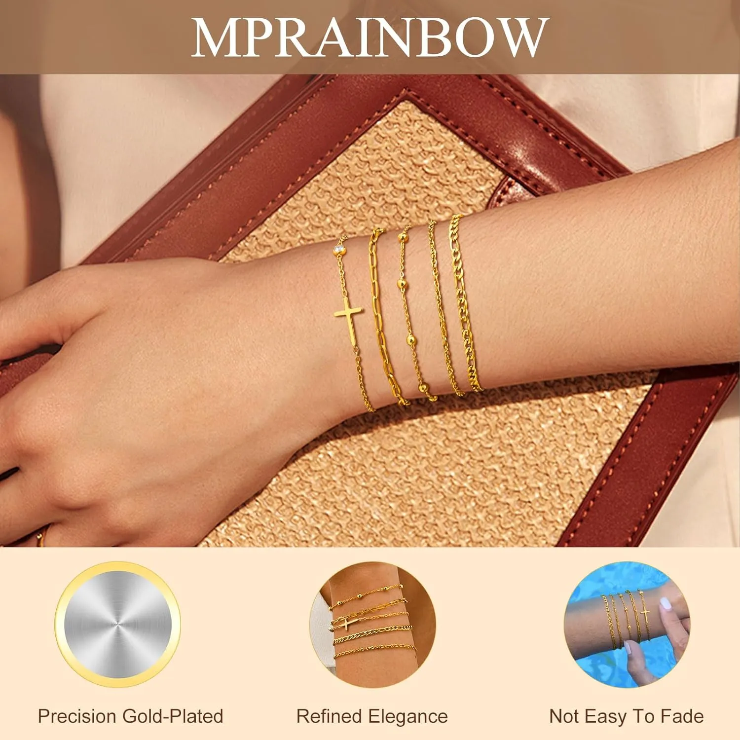 Gold Cross Bracelets for Women , 14k Gold Plated Bracelet Set Snake Cuban Link Chain,Non Tarnish Stackable Christian Bracelet Pack Trendy Religious Jewelry,Easter Christian Gift for Her Mom Girlfriend