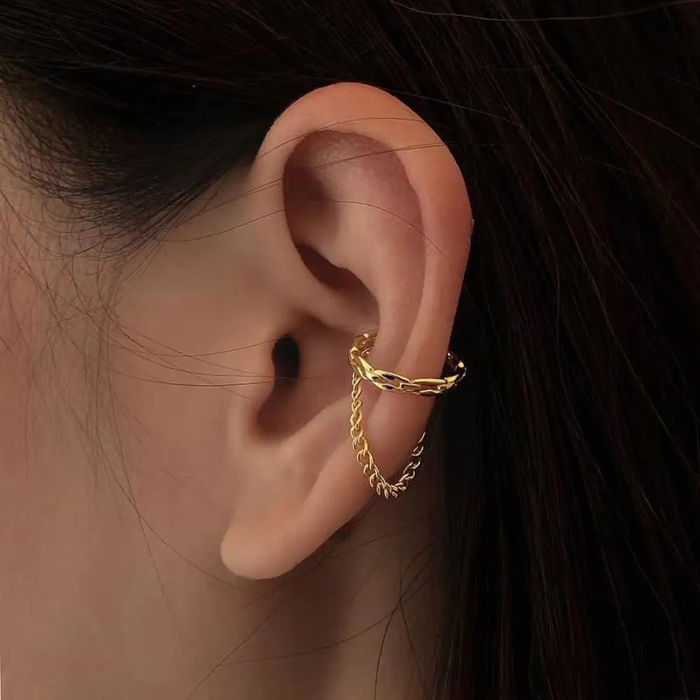 Gold Ear Cuff Earrings for Women Non Piercing 14K Gold Plated/Silver Cuff Clip On Cartilage Hoop Shining Cubic Zirconia Twisted Chain Ear Clip On Earring for Women Chunky Ear Cuffs Earrings