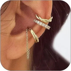 Gold Ear Cuff Earrings for Women Non Piercing 14K Gold Plated/Silver Cuff Clip On Cartilage Hoop Shining Cubic Zirconia Twisted Chain Ear Clip On Earring for Women Chunky Ear Cuffs Earrings