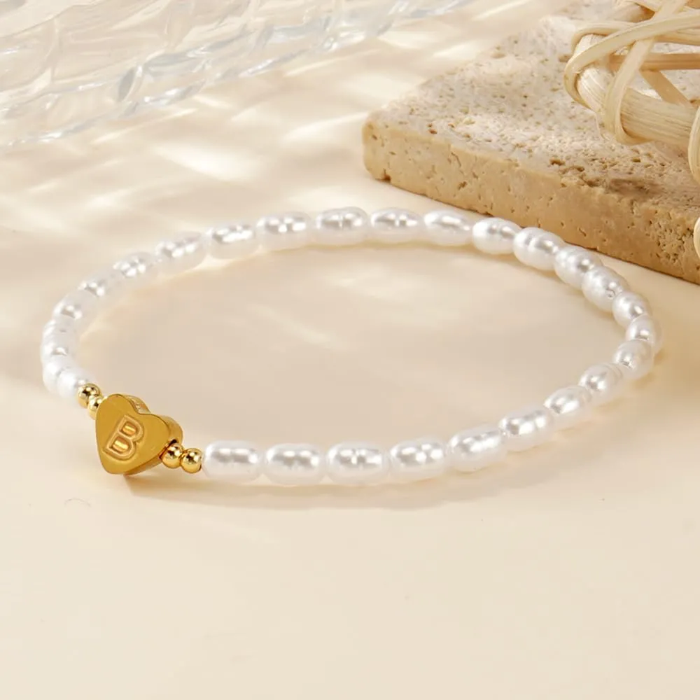 Gold Heart Beaded Charm Freshwater Pearl Initial Bracelets for Women,Enewton Cute Handmade Stretch Beads Ball Trendy Jewelry Prom Holiday Gifts for Her