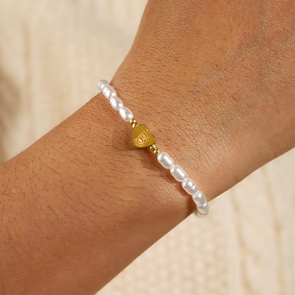 Gold Heart Beaded Charm Freshwater Pearl Initial Bracelets for Women,Enewton Cute Handmade Stretch Beads Ball Trendy Jewelry Prom Holiday Gifts for Her