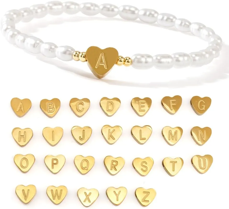 Gold Heart Beaded Charm Freshwater Pearl Initial Bracelets for Women,Enewton Cute Handmade Stretch Beads Ball Trendy Jewelry Prom Holiday Gifts for Her