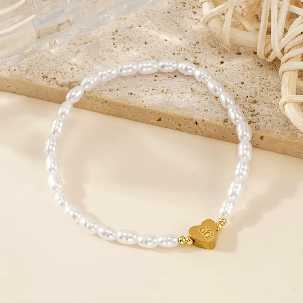 Gold Heart Beaded Charm Freshwater Pearl Initial Bracelets for Women,Enewton Cute Handmade Stretch Beads Ball Trendy Jewelry Prom Holiday Gifts for Her