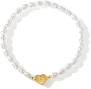 Gold Heart Beaded Charm Freshwater Pearl Initial Bracelets for Women,Enewton Cute Handmade Stretch Beads Ball Trendy Jewelry Prom Holiday Gifts for Her