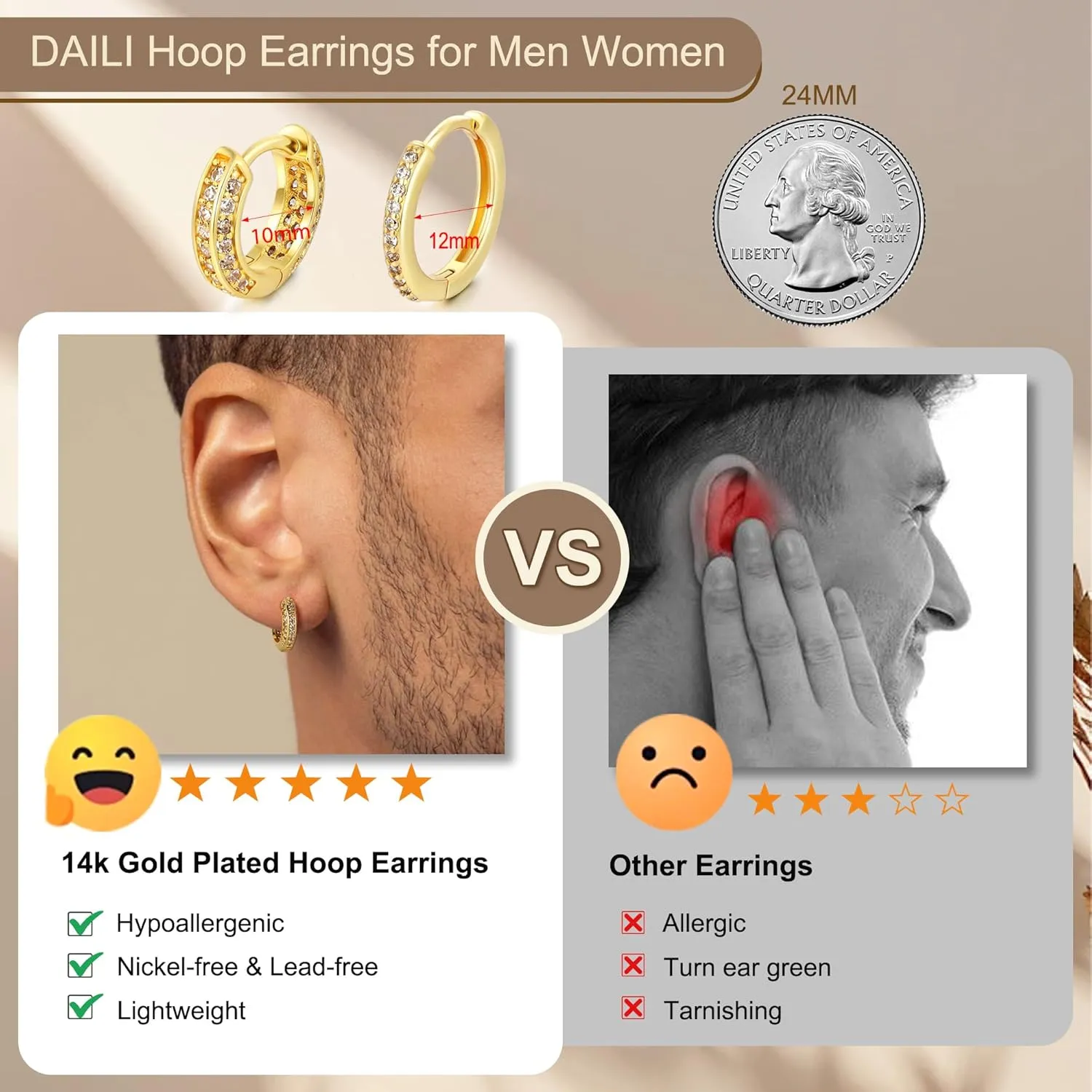 Gold Hoop Earrings for Men,Hypoallergenic Surgical Stainless Steel Hoop Earrings for Sensitive Ears,Small Cubic Zirconia Cartilage Huggie Hoop Earrings Piercing Jewelry Sets 10mm 12mm