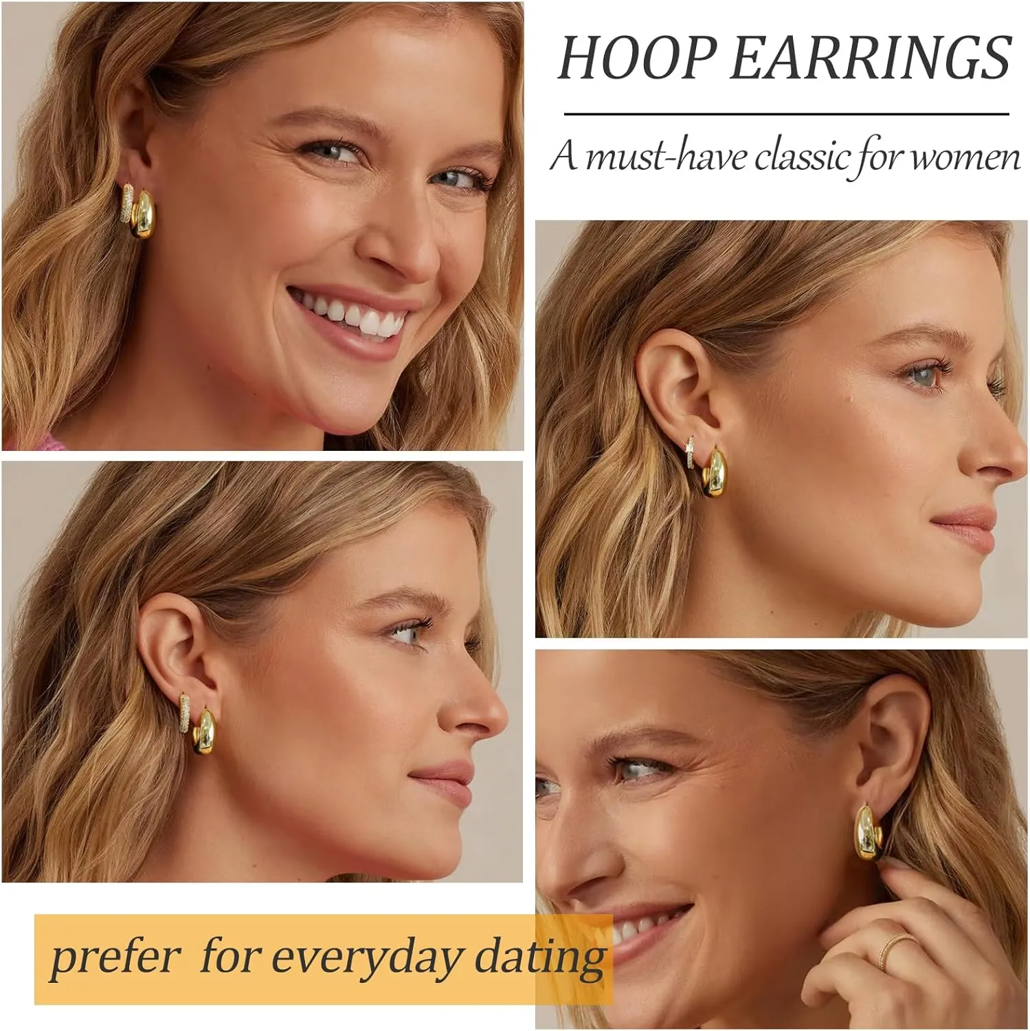 Gold Hoop Earrings Set for Women - 14K Gold Plated, Hypoallergenic Chunky Earrings for Multiple Piercings