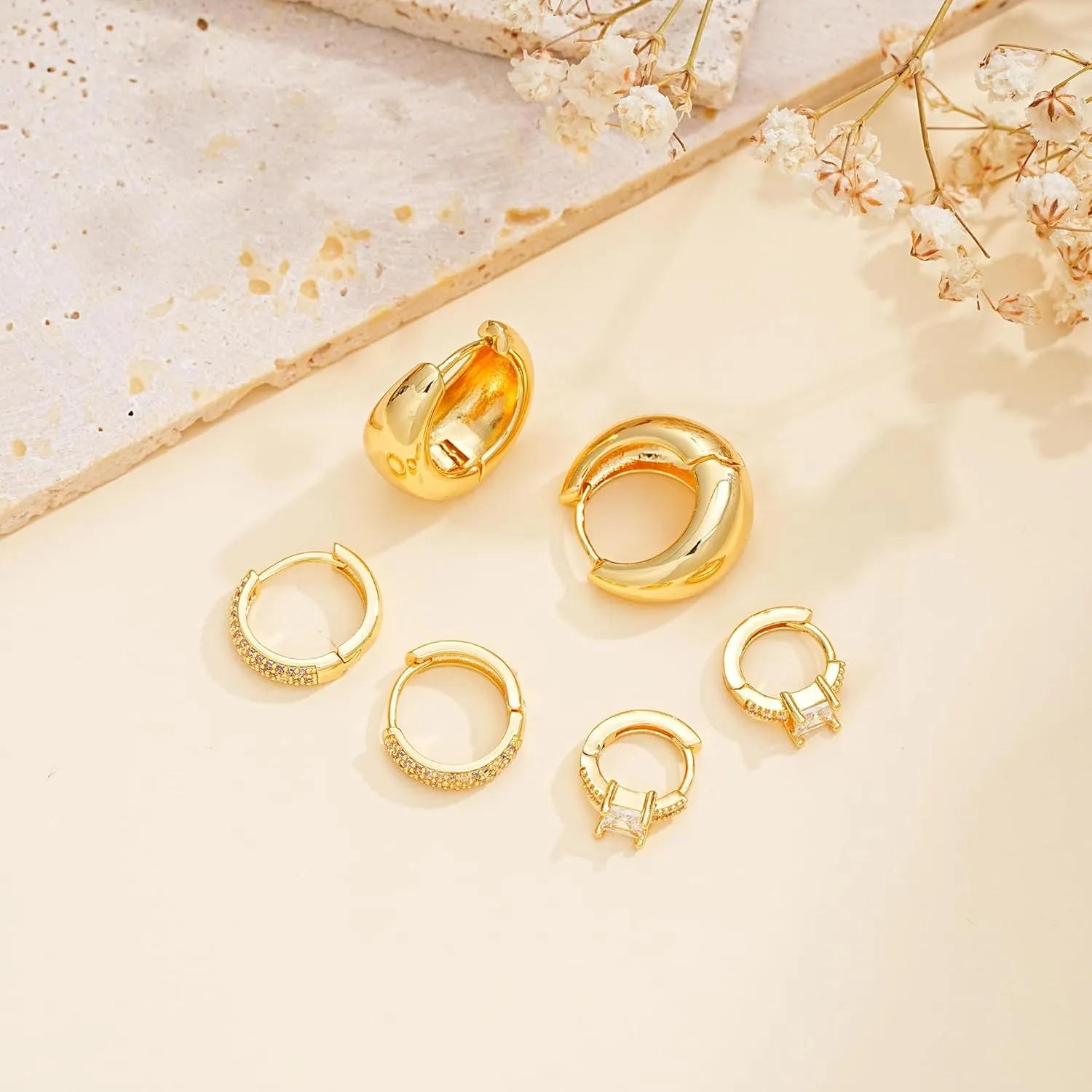 Gold Hoop Earrings Set for Women - 14K Gold Plated, Hypoallergenic Chunky Earrings for Multiple Piercings