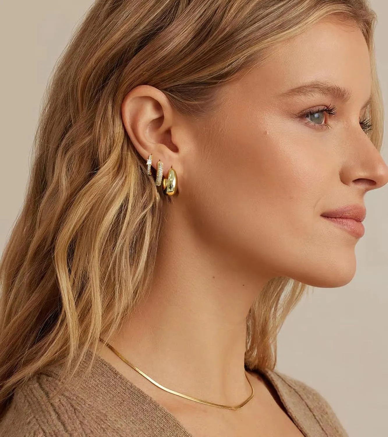 Gold Hoop Earrings Set for Women - 14K Gold Plated, Hypoallergenic Chunky Earrings for Multiple Piercings