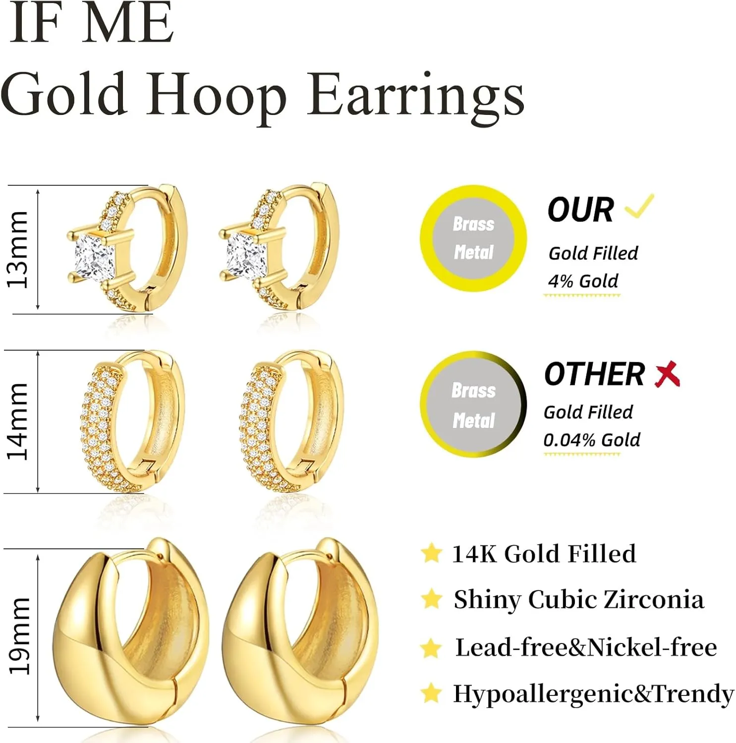 Gold Hoop Earrings Set for Women - 14K Gold Plated, Hypoallergenic Chunky Earrings for Multiple Piercings