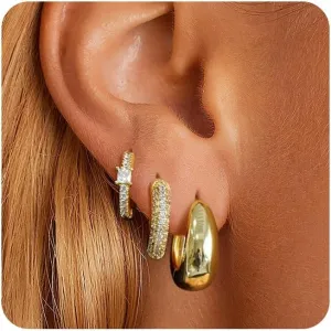 Gold Hoop Earrings Set for Women - 14K Gold Plated, Hypoallergenic Chunky Earrings for Multiple Piercings