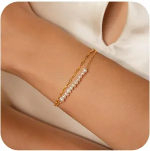 Gold Pearl Bracelets for Women Trendy 18K Gold Plated Bracelets Dainty Pearls Beaded Chain Charm Pearl Bracelets Simple Jewelry for her