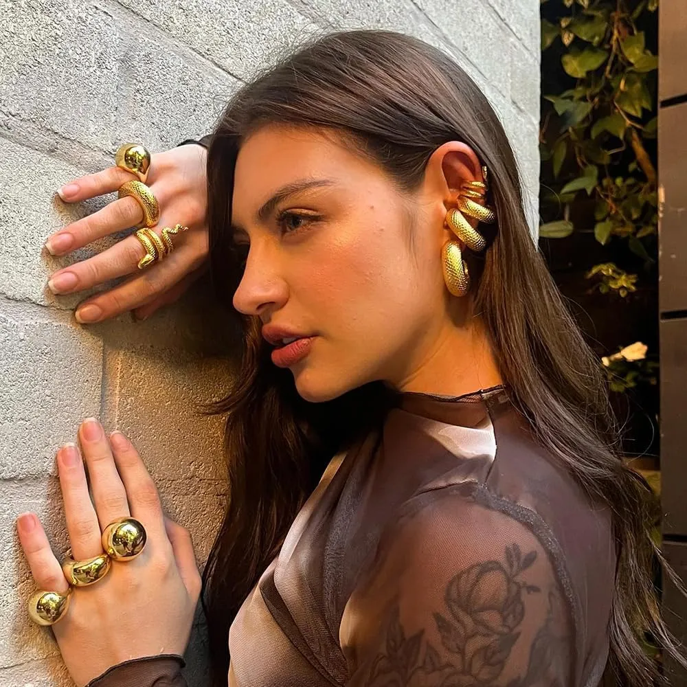 Gold Plated Stainless Steel Round Minimalism Ear Cuffs For Women