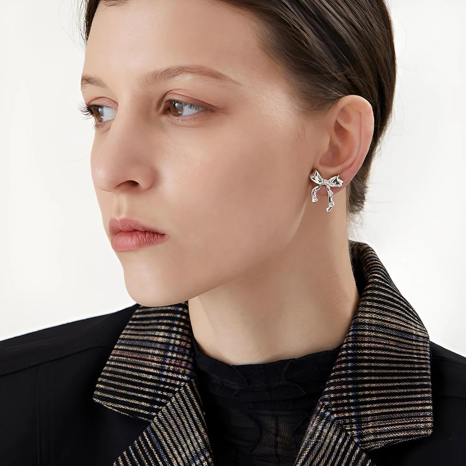 Gold Silver Bow Earrings Women Ribbon Stud Earrings Gift