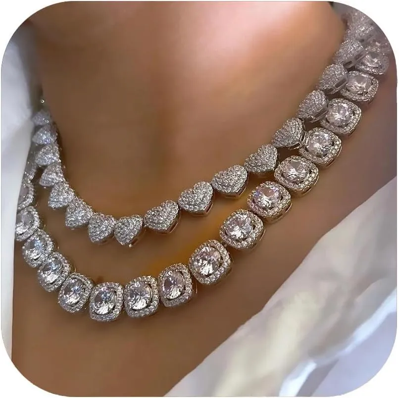 Gold Silver Cuban Link Chain for Women Heart Tennis Necklaces Diamond Chain Choker Necklace Layered Necklace Rhinestone Bling Necklace for Women Hip Hop Jewelry
