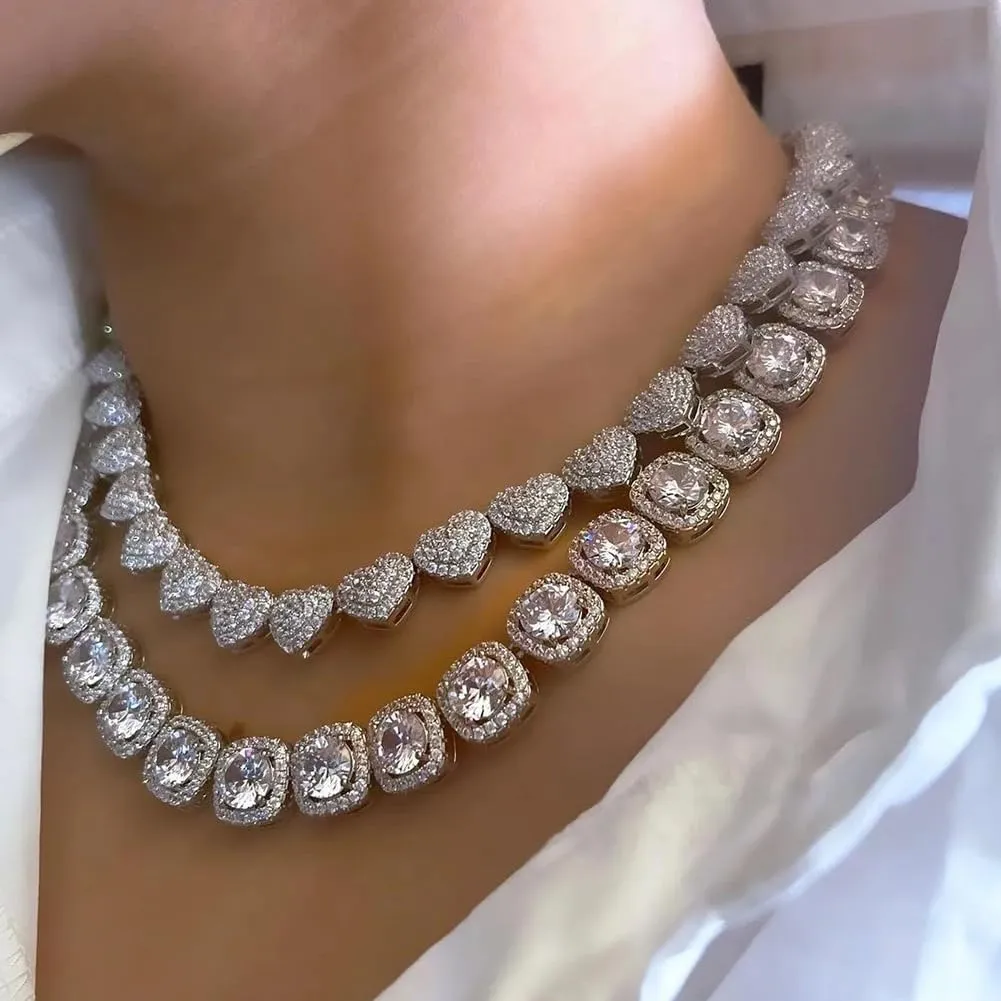 Gold Silver Cuban Link Chain for Women Heart Tennis Necklaces Diamond Chain Choker Necklace Layered Necklace Rhinestone Bling Necklace for Women Hip Hop Jewelry