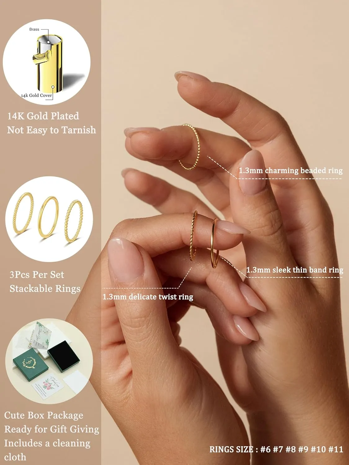 Gold Silver Rings for Women Non Tarnish Stackable 1.3mm Thin Gold Ring 14K Gold Plated Dainty Ring Set Trendy Thumb Pinky Ring Wedding Bands Promise Engagement Gold Jewelry Gifts Size 6-11