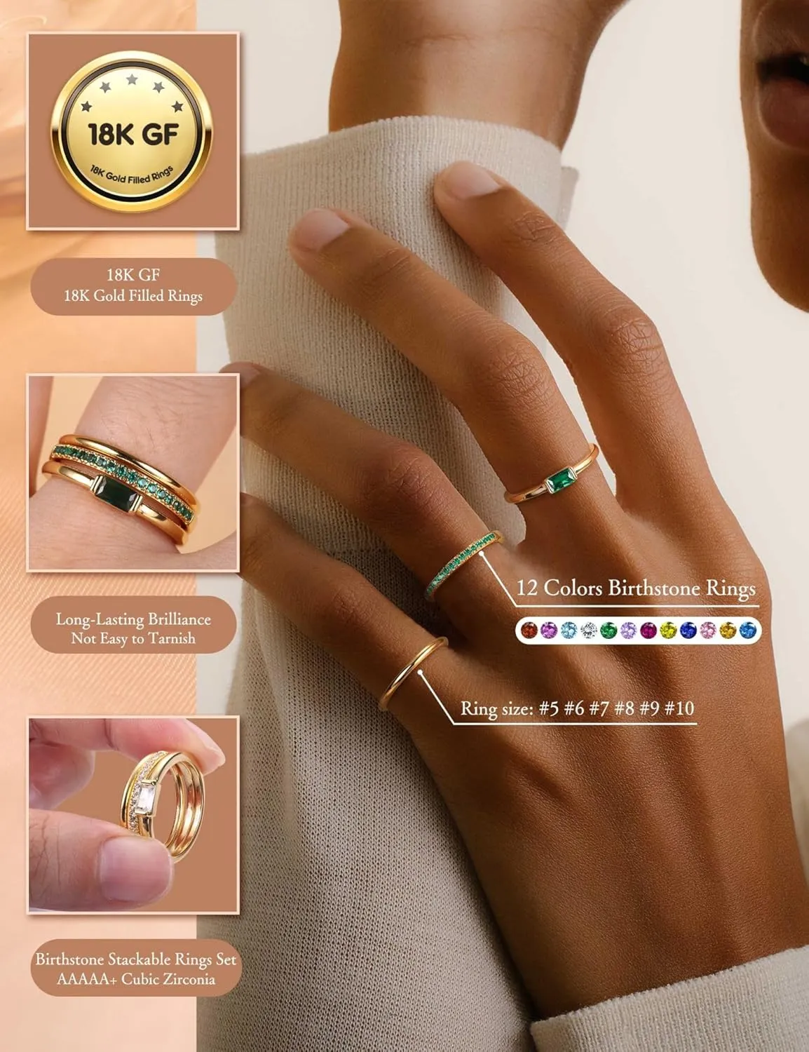 Gold Stackable Birthstone Rings for Women - 18K Gold Filled Non Tarnish Dainty Gold Stacking Rings Set - Cubic Zirconia Thumb Knuckle Ring Wedding Engagement Ring for her Gifts Size 6 7 8 9 10 3pcs