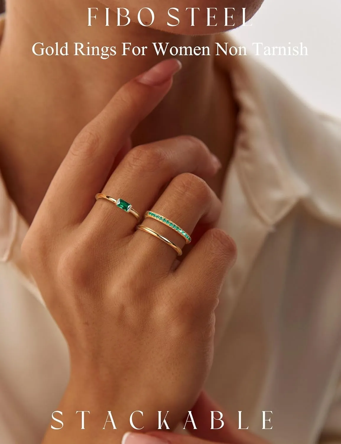 Gold Stackable Birthstone Rings for Women - 18K Gold Filled Non Tarnish Dainty Gold Stacking Rings Set - Cubic Zirconia Thumb Knuckle Ring Wedding Engagement Ring for her Gifts Size 6 7 8 9 10 3pcs