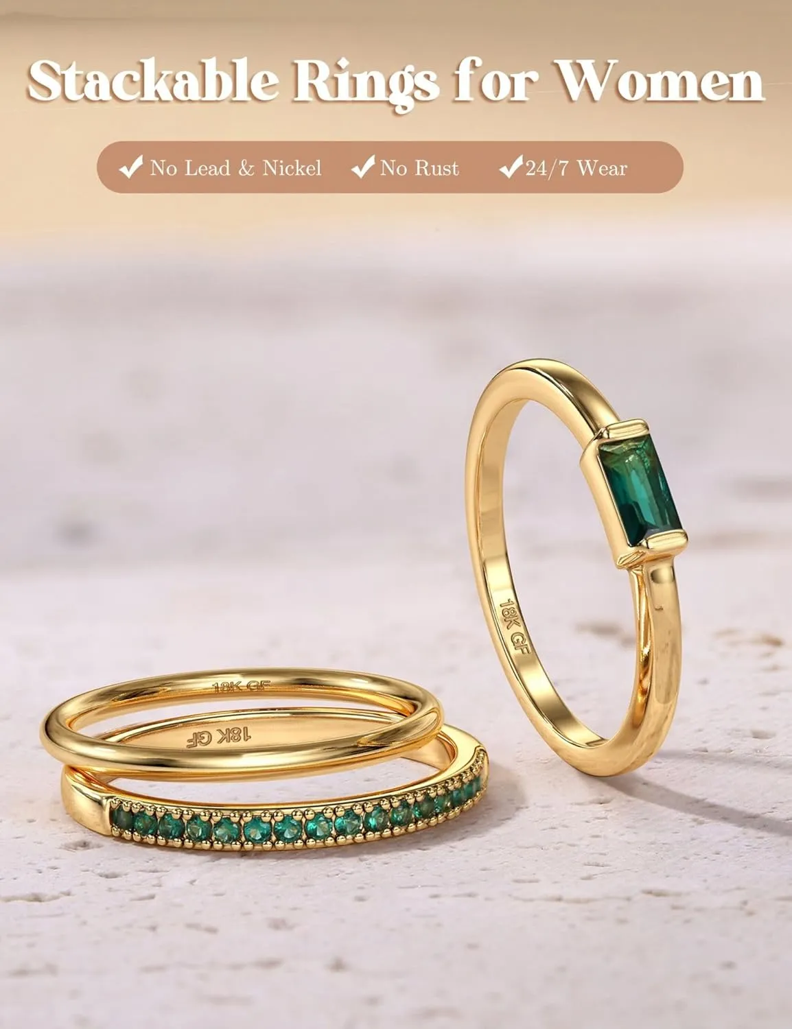 Gold Stackable Birthstone Rings for Women - 18K Gold Filled Non Tarnish Dainty Gold Stacking Rings Set - Cubic Zirconia Thumb Knuckle Ring Wedding Engagement Ring for her Gifts Size 6 7 8 9 10 3pcs