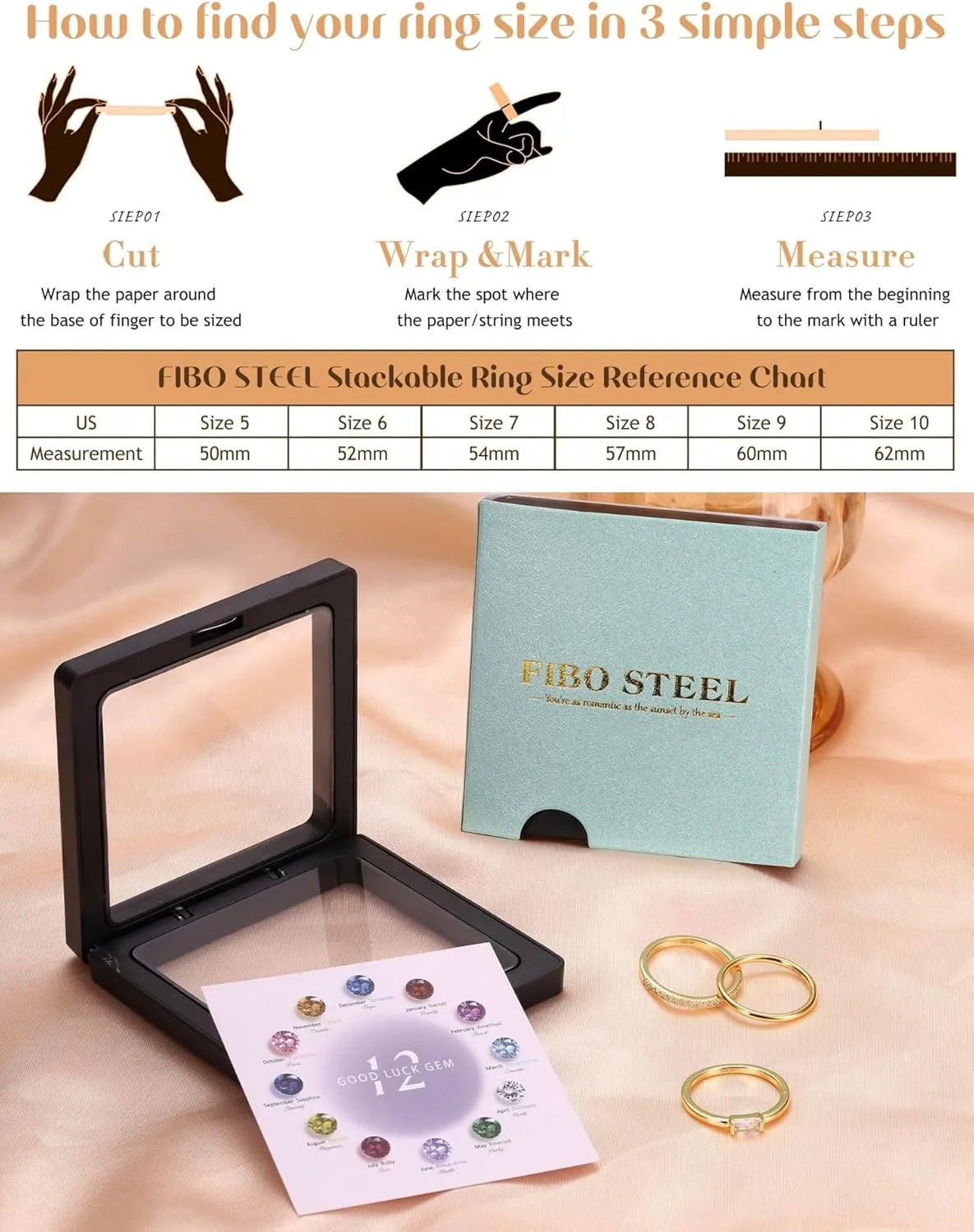 Gold Stackable Birthstone Rings for Women - 18K Gold Filled Non Tarnish Dainty Gold Stacking Rings Set - Cubic Zirconia Thumb Knuckle Ring Wedding Engagement Ring for her Gifts Size 6 7 8 9 10 3pcs