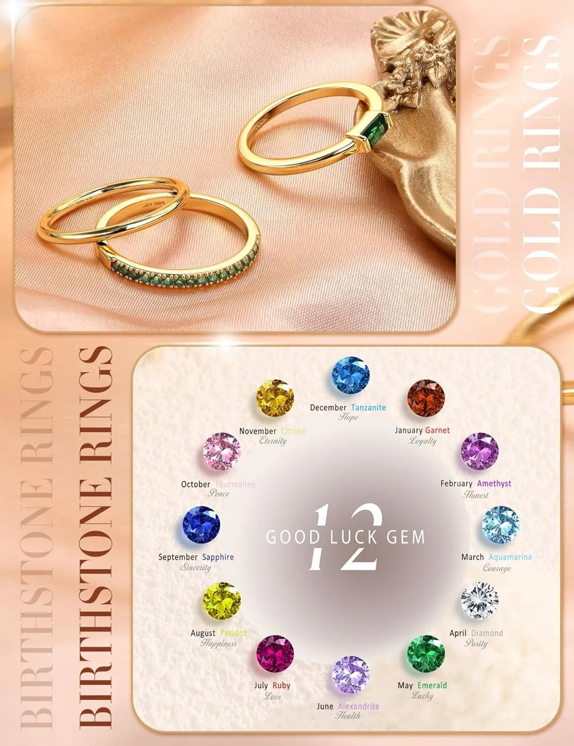 Gold Stackable Birthstone Rings for Women - 18K Gold Filled Non Tarnish Dainty Gold Stacking Rings Set - Cubic Zirconia Thumb Knuckle Ring Wedding Engagement Ring for her Gifts Size 6 7 8 9 10 3pcs
