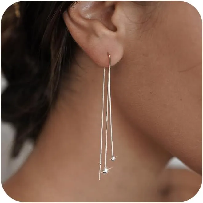 Gold/Silver Dangle Earrings for Women Dainty Long Hanging Chain Earrings Trendy Hypoallergenic Dangling Pearl Threader Earrings for Women Non-Tarnish Jewelry