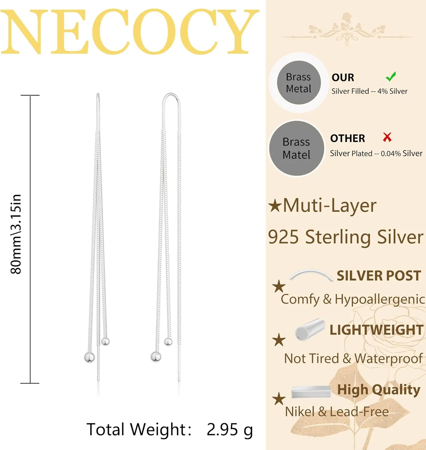 Gold/Silver Dangle Earrings for Women Dainty Long Hanging Chain Earrings Trendy Hypoallergenic Dangling Pearl Threader Earrings for Women Non-Tarnish Jewelry