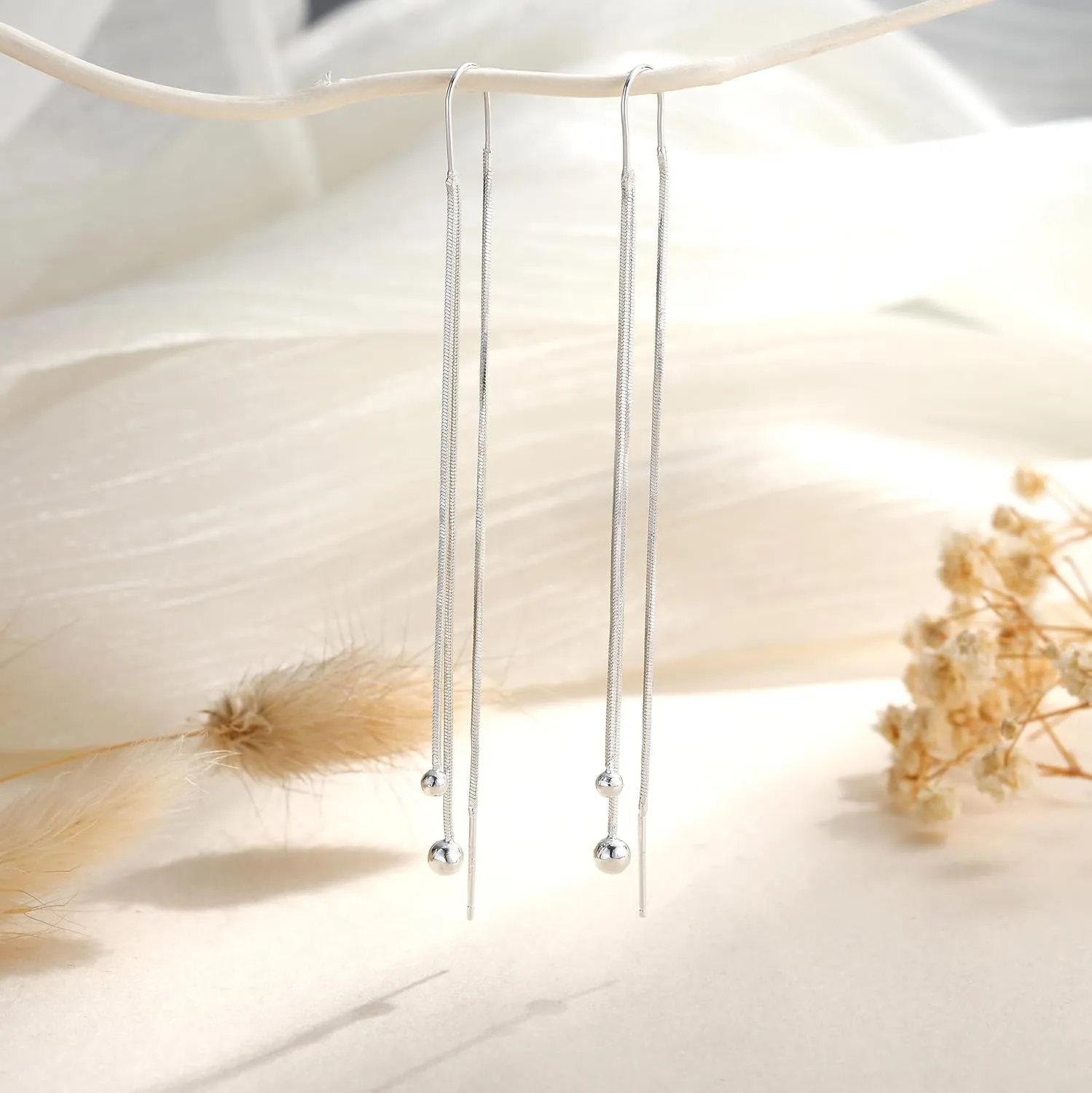 Gold/Silver Dangle Earrings for Women Dainty Long Hanging Chain Earrings Trendy Hypoallergenic Dangling Pearl Threader Earrings for Women Non-Tarnish Jewelry
