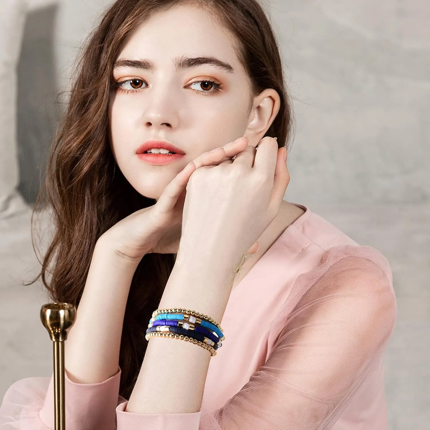 GOOJIDS Surfer Heishi Clay Bead Bracelets for Women Bohemian Stackable Gold Beaded Stretch Bracelets Elastic Layering Friendship Bracelets Set Boho Jewelry