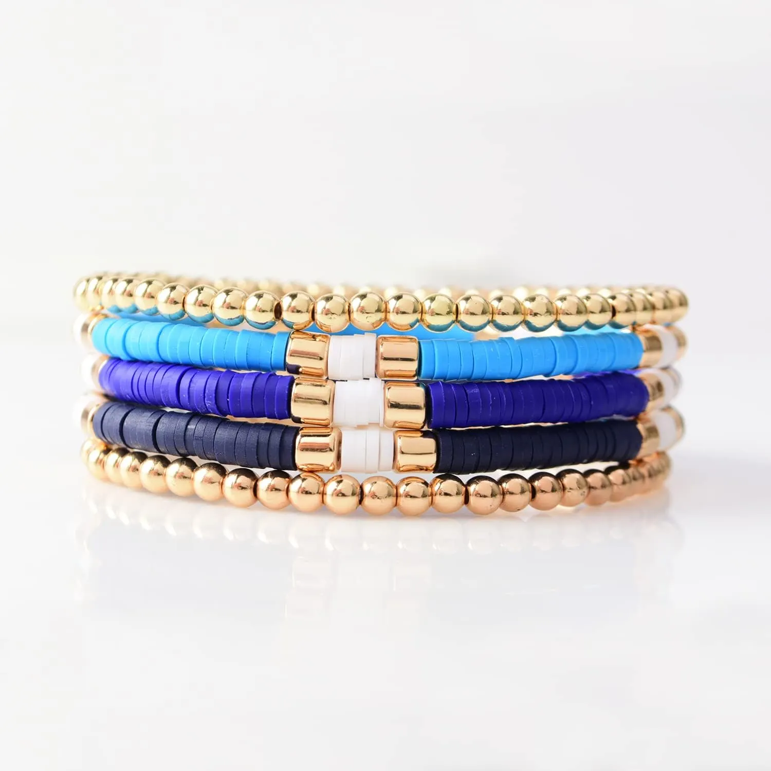 GOOJIDS Surfer Heishi Clay Bead Bracelets for Women Bohemian Stackable Gold Beaded Stretch Bracelets Elastic Layering Friendship Bracelets Set Boho Jewelry