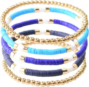 GOOJIDS Surfer Heishi Clay Bead Bracelets for Women Bohemian Stackable Gold Beaded Stretch Bracelets Elastic Layering Friendship Bracelets Set Boho Jewelry