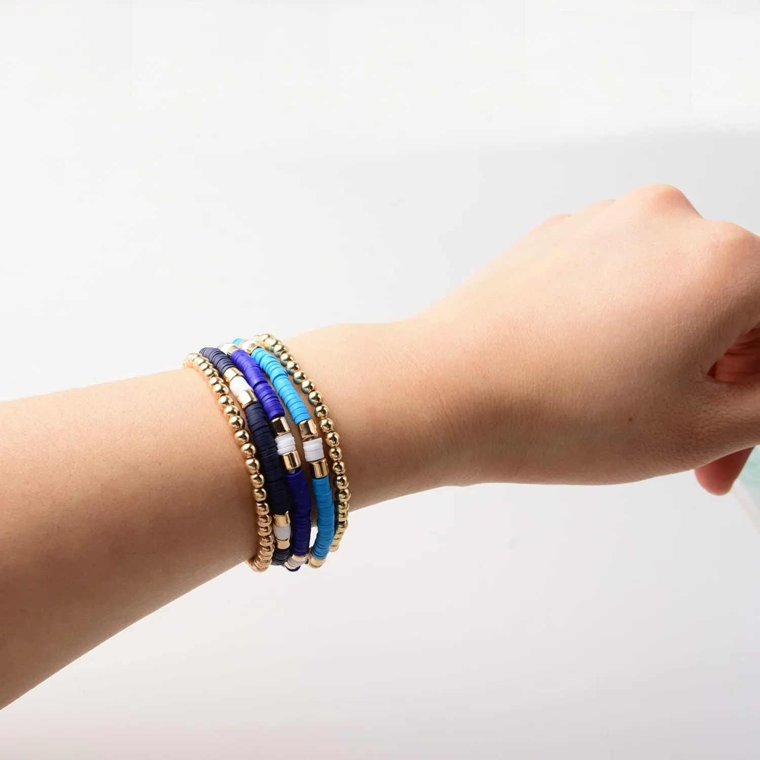 GOOJIDS Surfer Heishi Clay Bead Bracelets for Women Bohemian Stackable Gold Beaded Stretch Bracelets Elastic Layering Friendship Bracelets Set Boho Jewelry