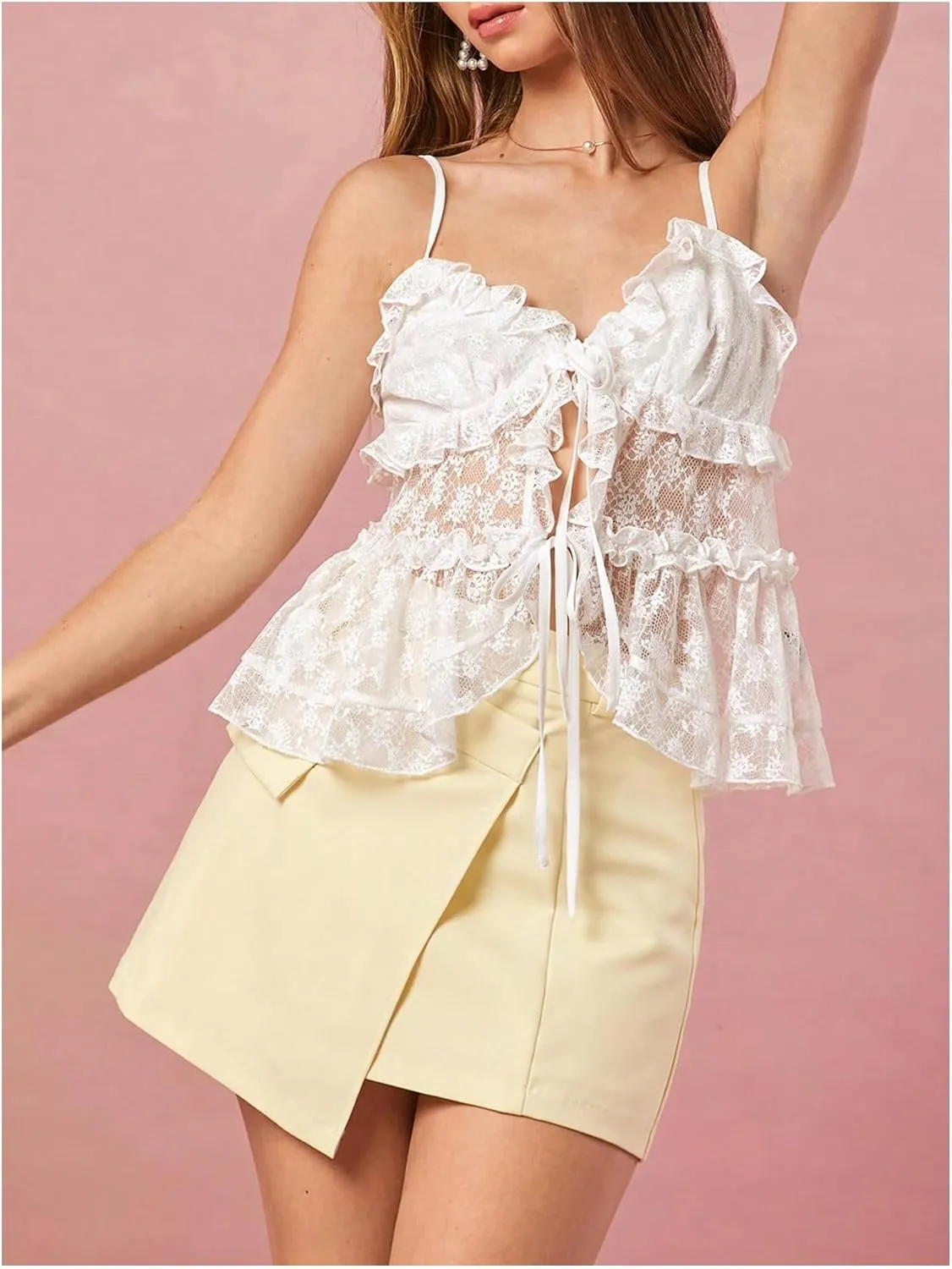 GORGLITTER Women's Babydoll Peplum Cami Tops Mesh Tie Front Ruffle Trim Spaghetti Strap Camisole Top