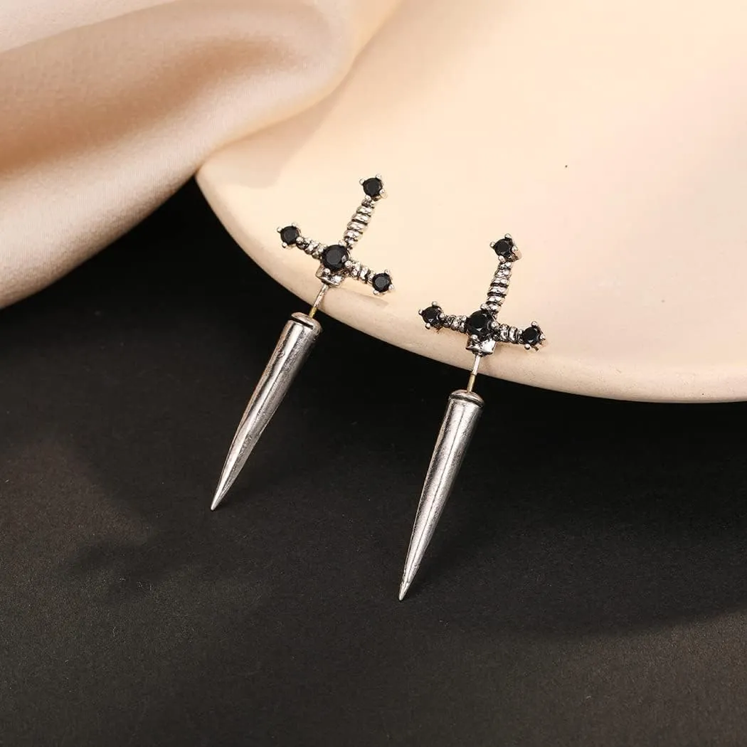 Gothic Sword Earrings Punk Sword Screw Dagger Earrings Cool Black Retro Rhinestone Sword Front Back Stud Earrings for Women Halloween Outfits Jewelry Accessories