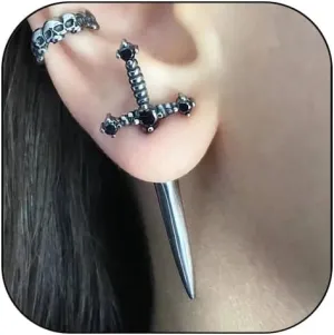 Gothic Sword Earrings Punk Sword Screw Dagger Earrings Cool Black Retro Rhinestone Sword Front Back Stud Earrings for Women Halloween Outfits Jewelry Accessories