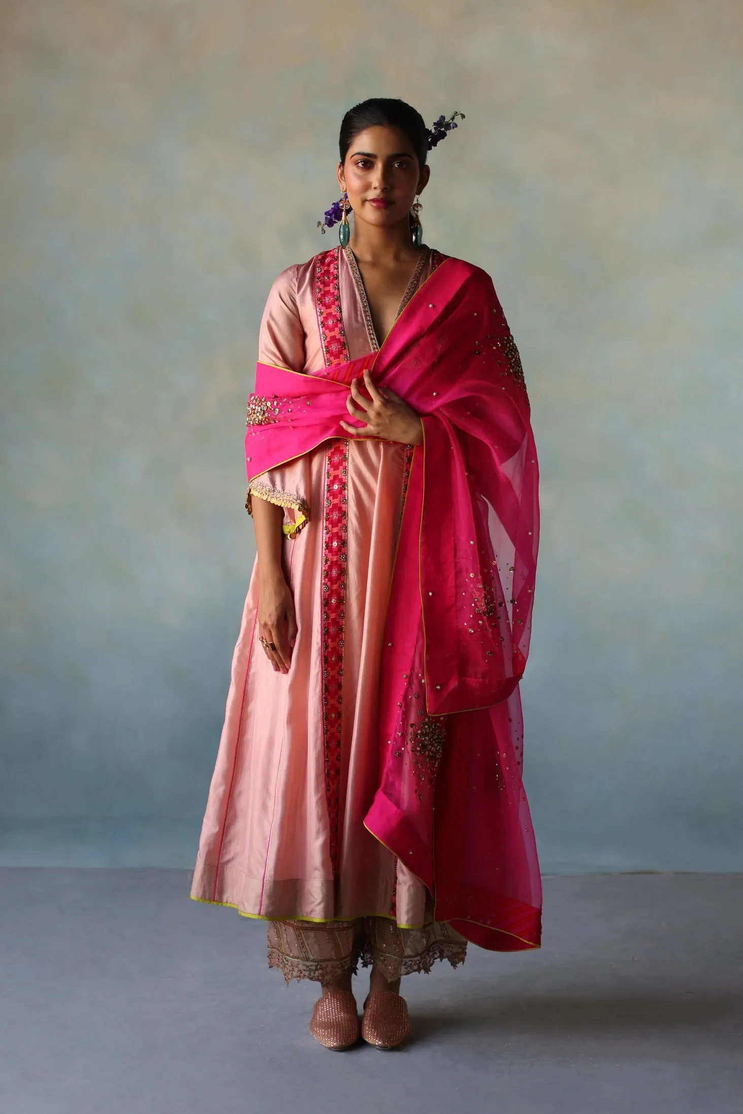 Gul Pastel Pink Side Kali Silk Kurta Set