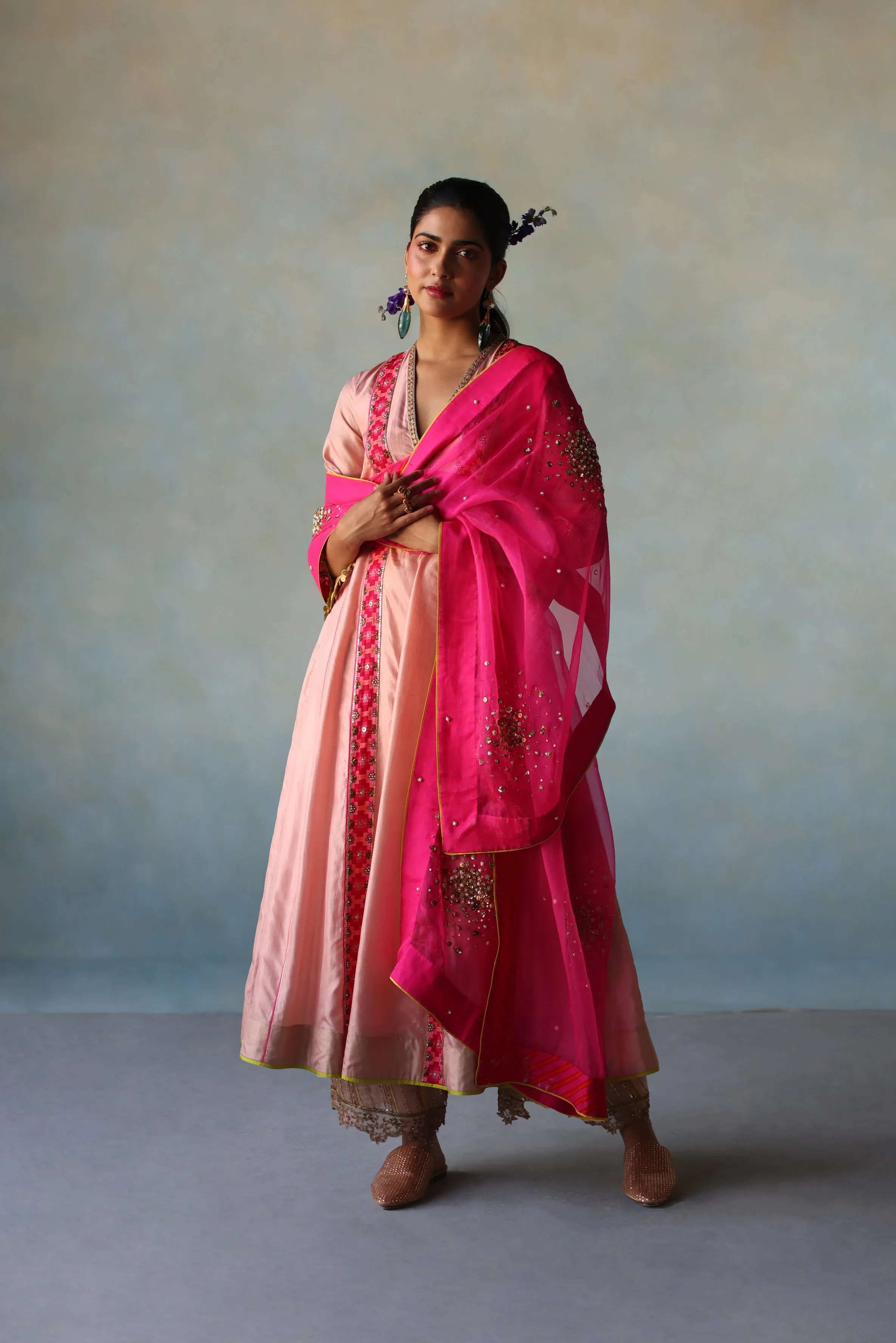 Gul Pastel Pink Side Kali Silk Kurta Set