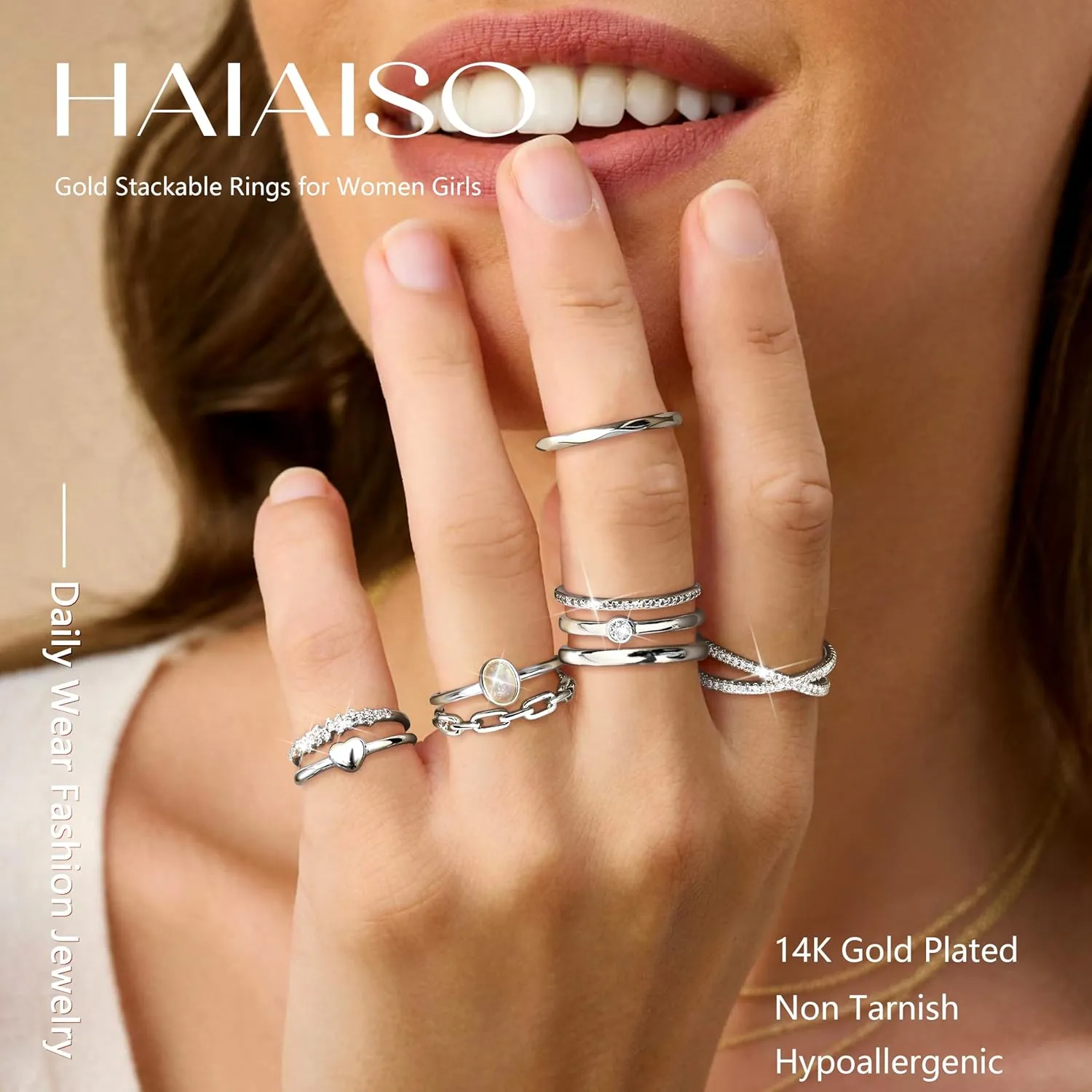 HAIAISO 9PCS 14K Gold Plate Stacking Rings for Women Stackable Knuckle Rings Set CZ Heart Rings Simple Stacking Band Ring Dainty Wedding Gold Ring Comfort Fit Size 6-11
