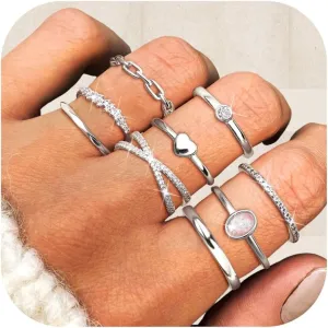 HAIAISO 9PCS 14K Gold Plate Stacking Rings for Women Stackable Knuckle Rings Set CZ Heart Rings Simple Stacking Band Ring Dainty Wedding Gold Ring Comfort Fit Size 6-11